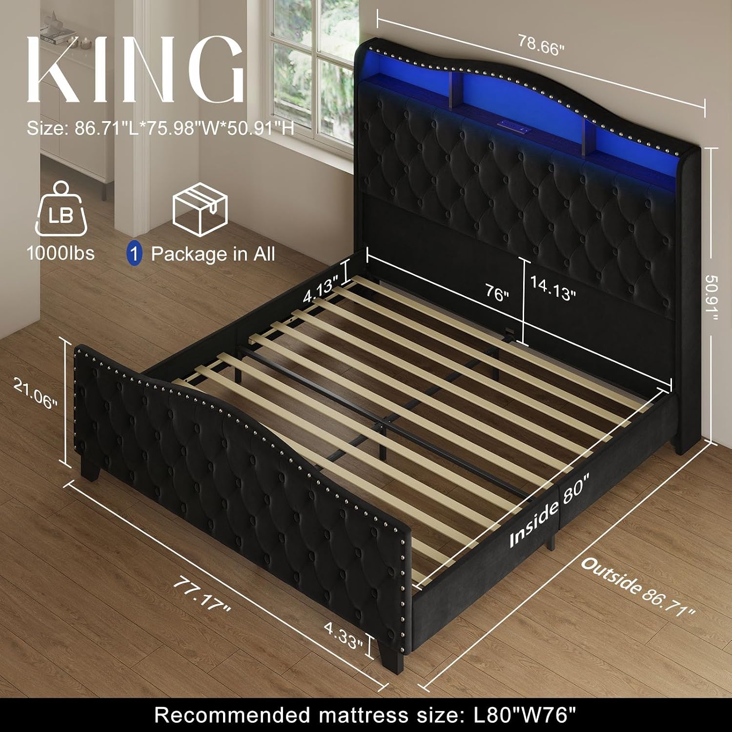Belffin King Size Bed Frame and Headboard, 50.9' Velvet Upholstered Wingback Bedframe with LED Lights & Storage/Charging Station, Button Tufted Tall Footboard, No Box Spring Needed, Noise-Free, Black