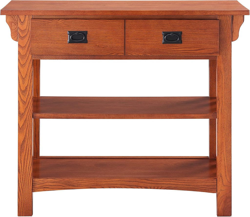 Leick Home Mission Impeccable Bookshelf, Solid Wood, 2 Drawers, 2 Shelves, Slatted Sides, Blackened Hardware, Easy Assembly, Russet Brown, 12 in D x 34 in W x 30 in H, Item 8261