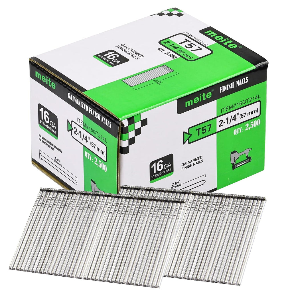meite 16 Gauge Finish Nails 2-1/4 Inch Galvanized Straight Finishing Nails for Finish Nailer Gun Window Casing Baseboard Crown Molding, 1 Case/25,000PCS
