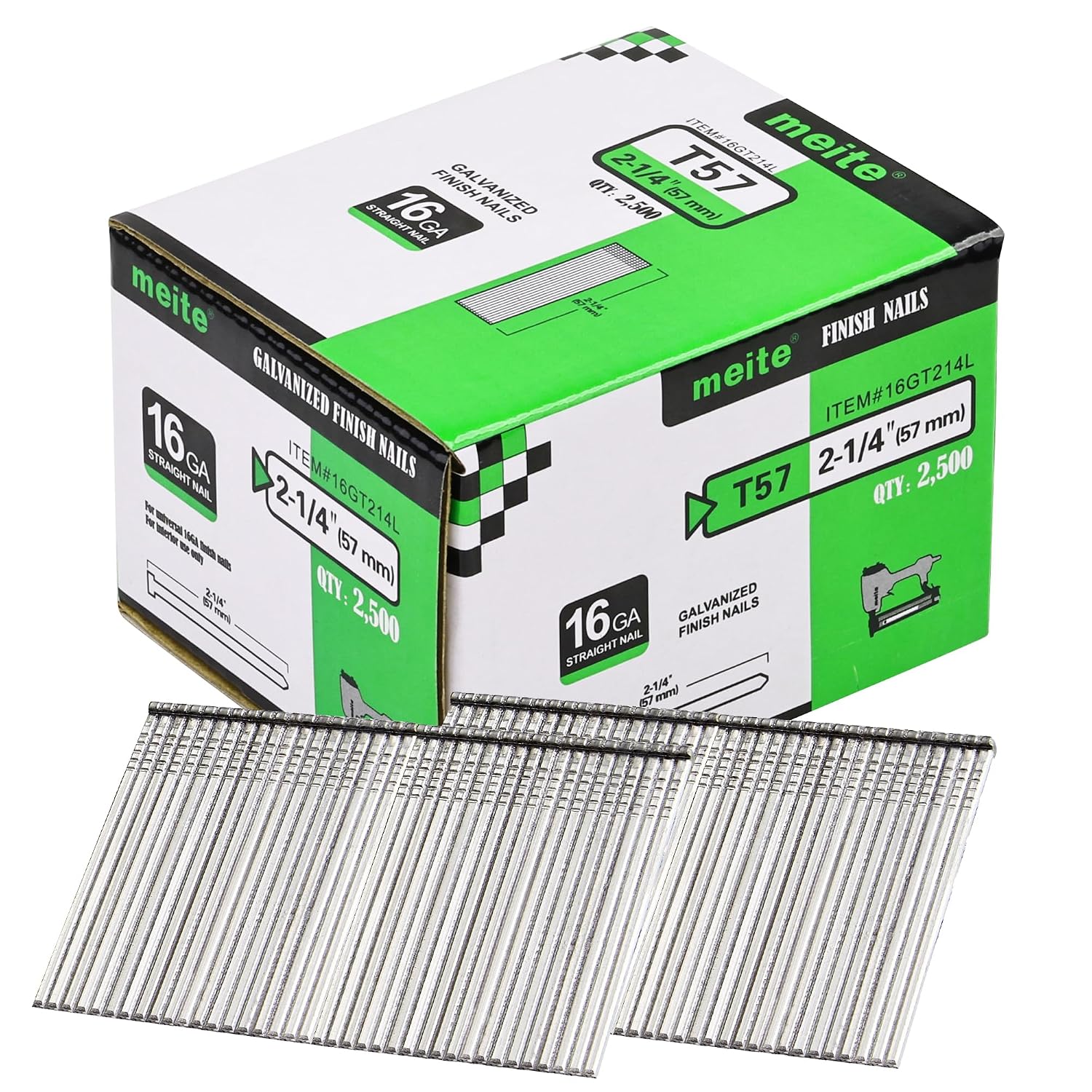 meite 16 Gauge Finish Nails 2-1/4 Inch Galvanized Straight Finishing Nails for Finish Nailer Gun Window Casing Baseboard Crown Molding, 1 Case/25,000PCS