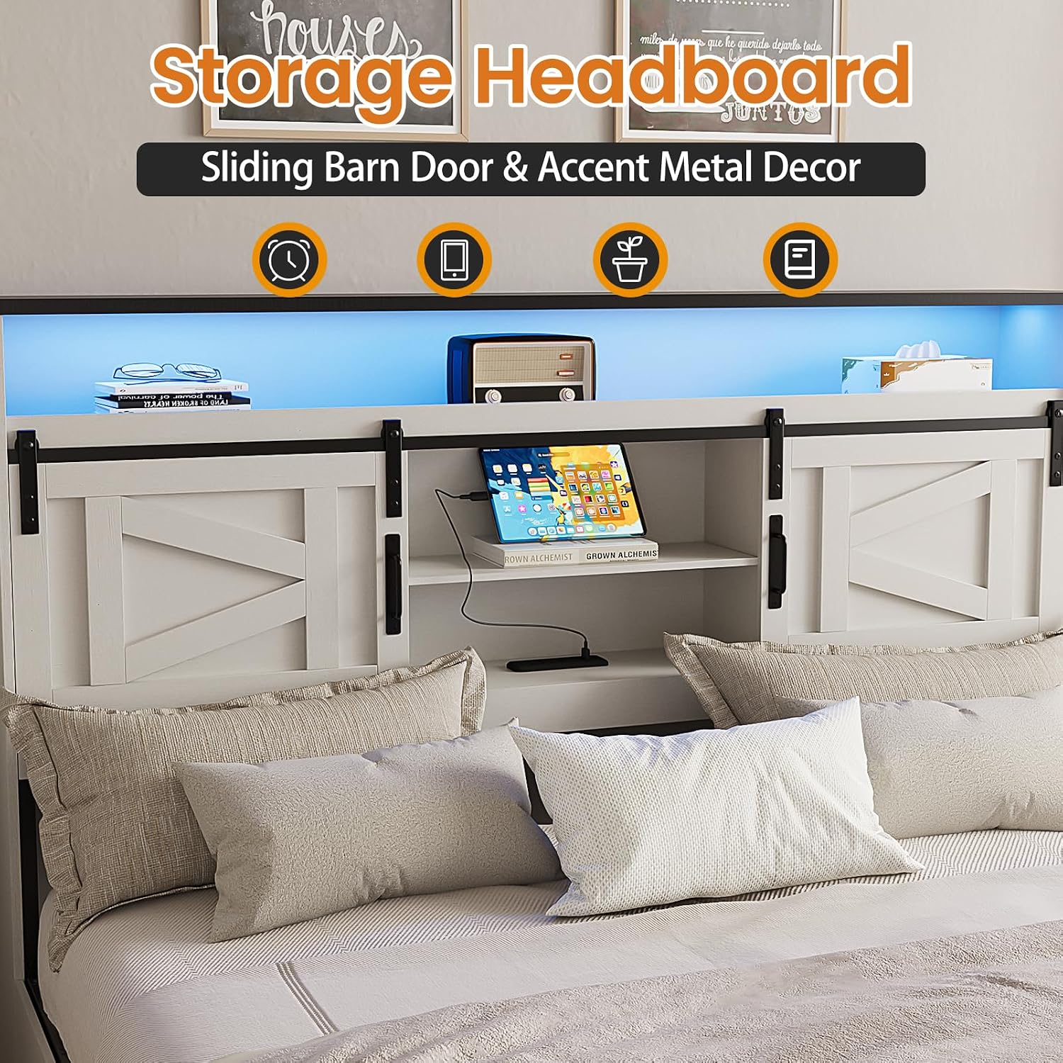Fameill Farmhouse Queen Size Bed Frame with Headboard and Storage Ottoman, Sliding Barn Door & 4 Drawers, LED Lights and Charging Station, No Box Spring Needed, Antique White