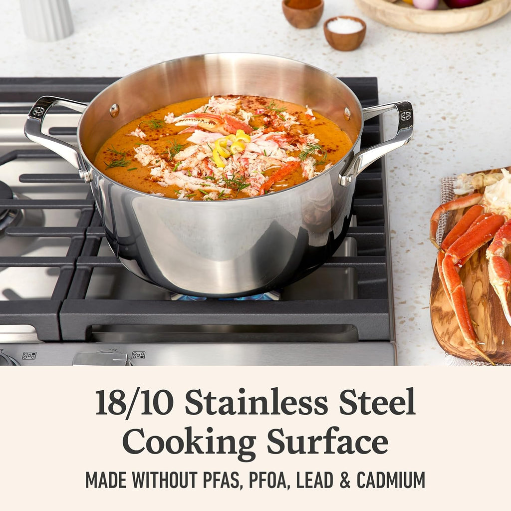 Calphalon Premier Polished 5-Ply Stainless Steel Cookware w/Turbo Heat Tech 6Qt Stock Pot with Lid, Induction, Oven Safe 500F, PFOA Free, Polished Stainless Silver