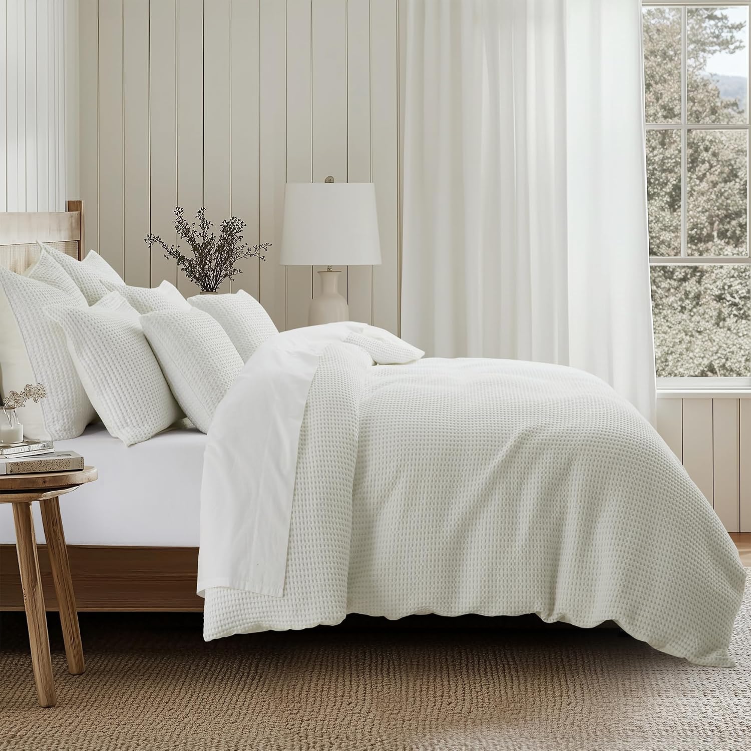Levtex Home Mills Waffle Queen Duvet Cover Set (90x94in) with 2 Pillow Shams (26x20in) - Cream - 100% Cotton Queen Size Duvet Cover Set - Soft, Pre-Washed