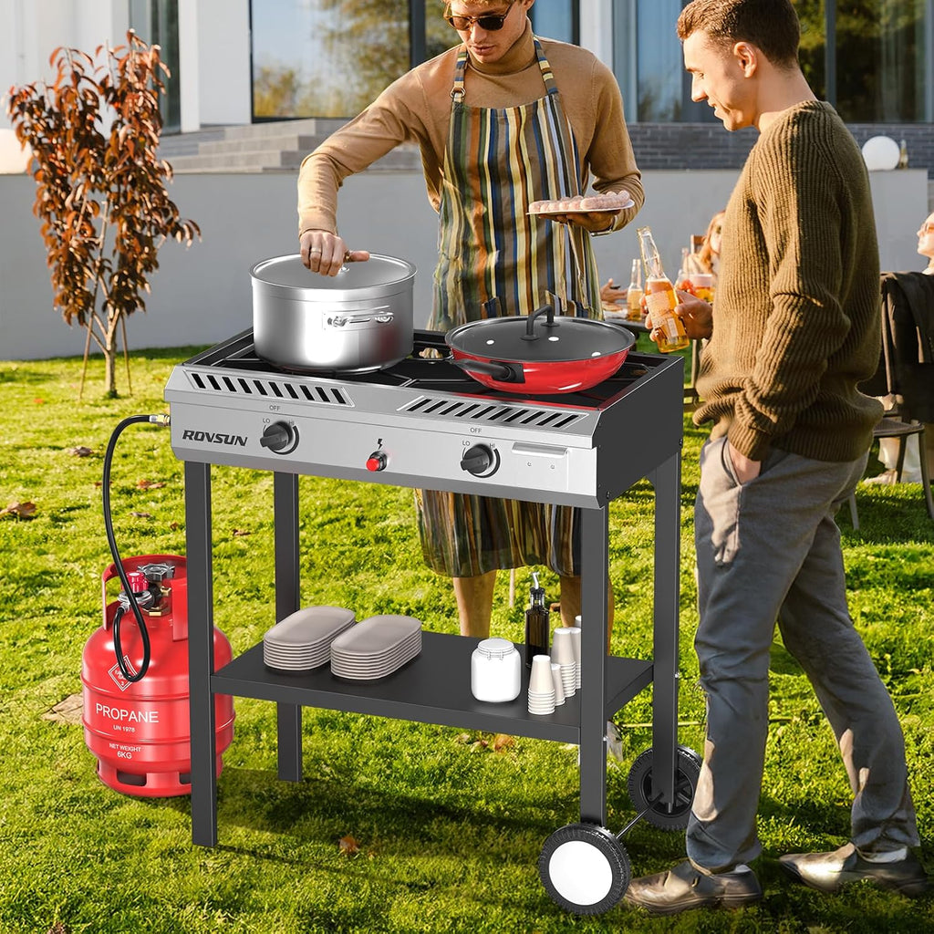 ROVSUN 2 Burner Propane Stove with Auto Ignition, 150,000 BTU Gas Stove with Storage Shelf, Rolling Wheels & Regulator for Home Outdoor Backyard Camping Cooking Frying Brewing Canning