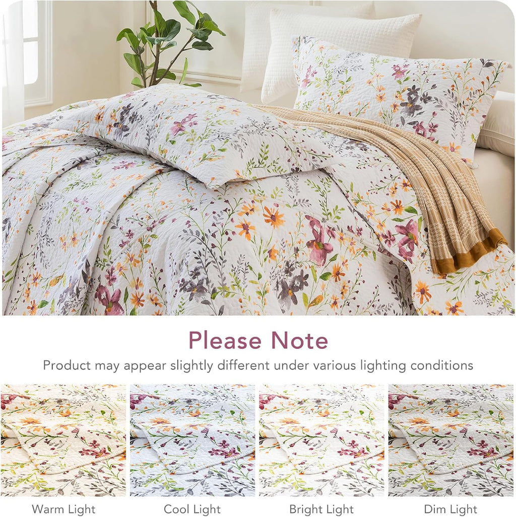 Lady Ann 100% Cotton Quilt Sets Queen, Yellow Flower Botanical Pattern Printed Quilted 102x118 Bedspread Set,Vintage Coverlet Ultra Soft Bedspread Set with Pillow Shams Al Season,3 PCS