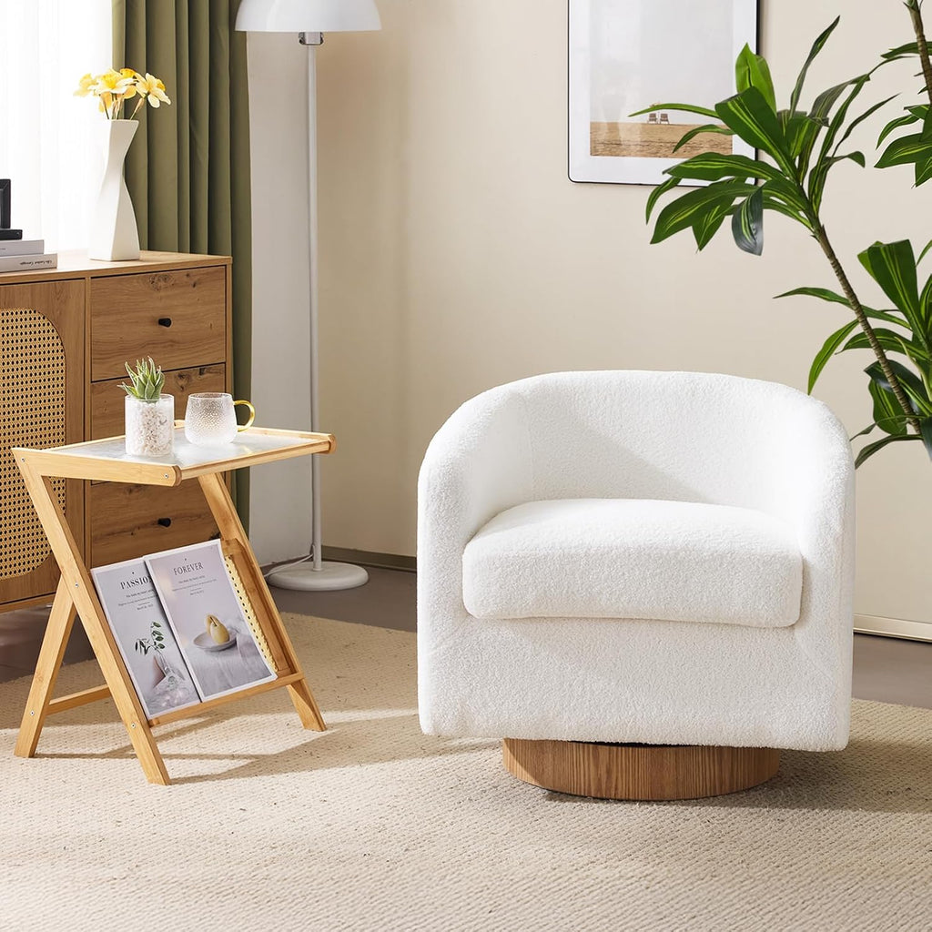 VINGLI 360°Swivel Accent Chair with Engineered Wood Base and Removable Cushion for Living Room, Bedroom, Curved Back Barrel Chair for Small Space, Upholstered Bucket Armchair, Teddy White