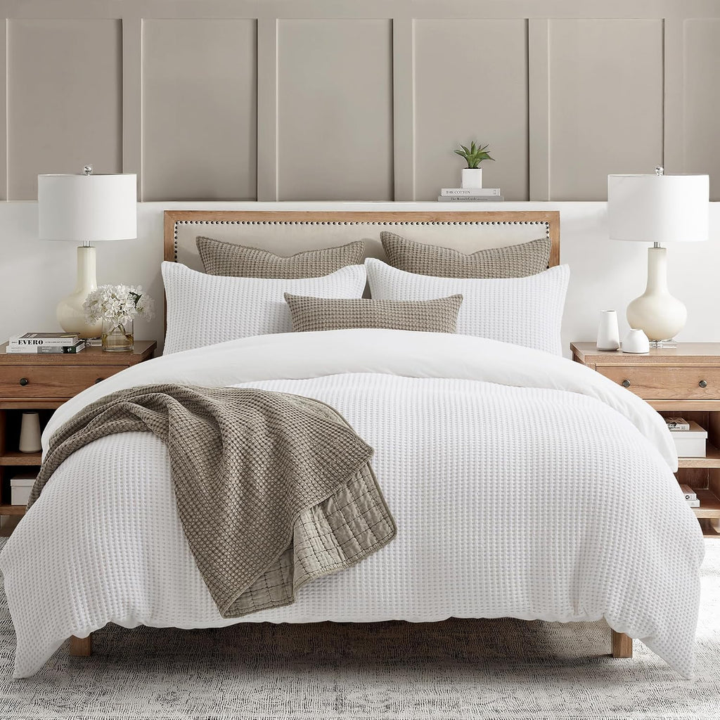 Levtex Home Mills Waffle Queen Duvet Cover Set (90x94in) with 2 Pillow Shams (26x20in) - Bright White - 100% Cotton Queen Size Duvet Cover Set - Soft, Pre-Washed