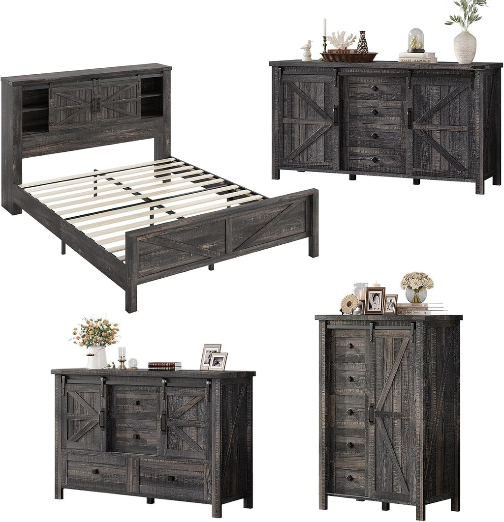 AMERLIFE 4-Piece Farmhouse Bedroom Set in Black Oak, Queen Size Bed Frame with Bookcase Headboard, 5-Drawer Tall Dresser, 47'' Dresser with 4 Drawers, 60' Dresser with 4 Drawers