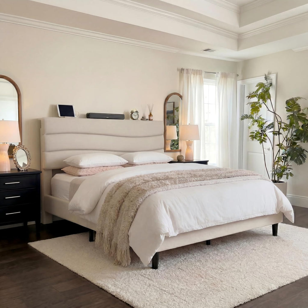 EnHomee Queen Bed Frame with Adjustable Height Upholstered Headboard, 3 USB Charging Ports, Noise-Free Platform Bed, No Box Spring Needed, Beige