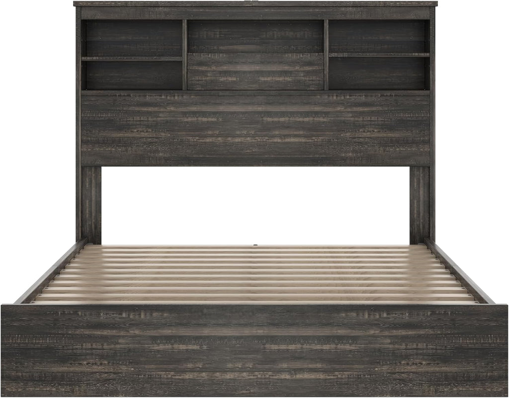 Farmhouse 4-Pieces Bedroom Sets, Queen Size Platform Bed with 2 Nightstands and 5-Drawer Storage, Wooden Bed Frame with Storage Headboard and Charging Station (Antique Gray-7.17)