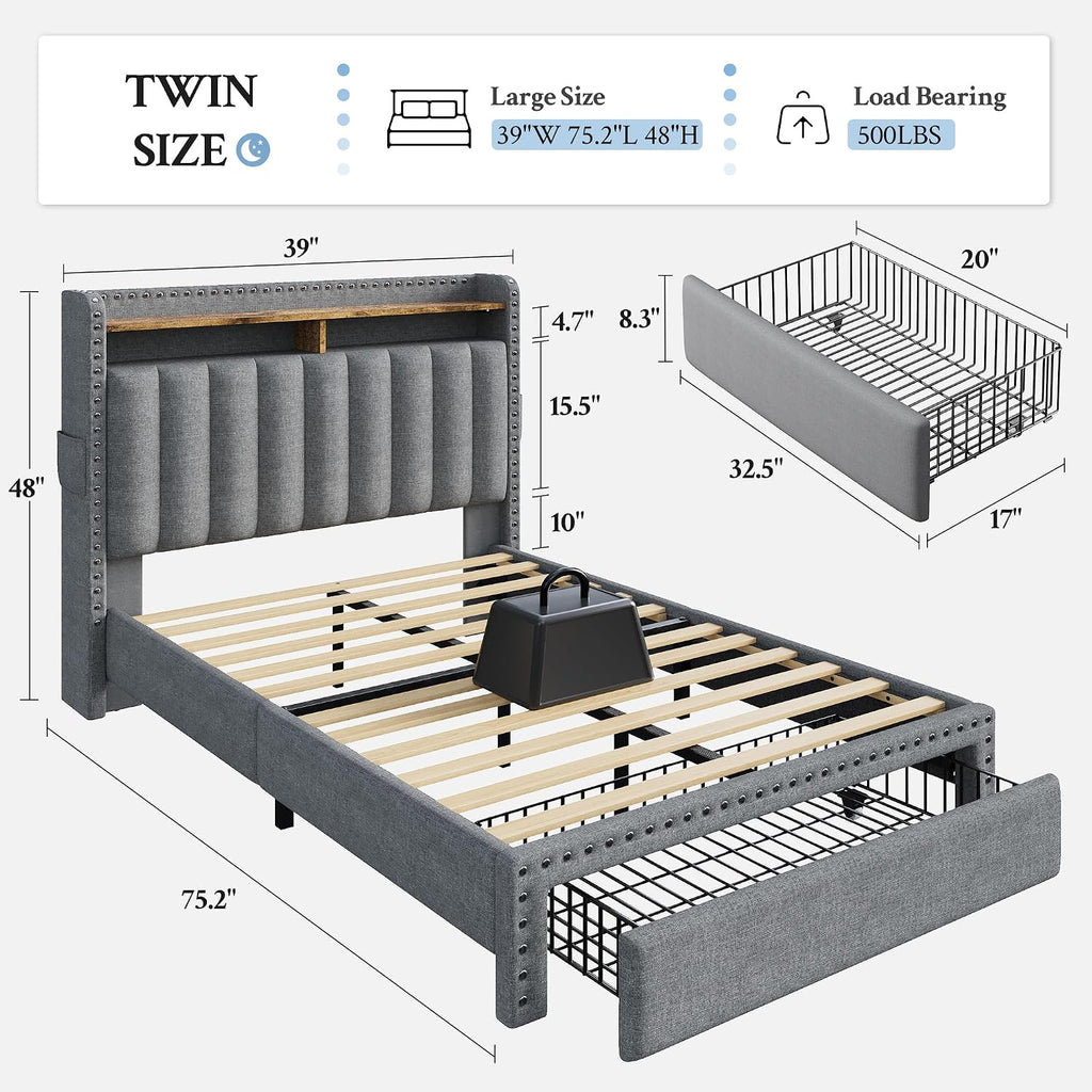 EnHomee Twin Fabric Upholstered Bed Frame with 2-Tier Vertical Channel Tufted Headboard and 2 Storage Drawers, Extra Storage Space for Bedroom Apartment,Grey