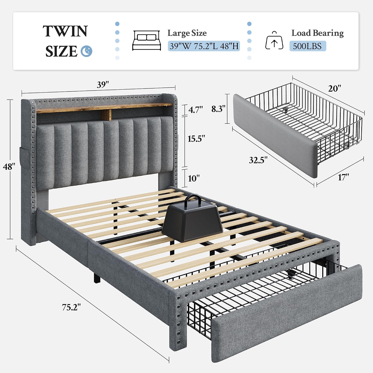 EnHomee Twin Fabric Upholstered Bed Frame with 2-Tier Vertical Channel Tufted Headboard and 2 Storage Drawers, Extra Storage Space for Bedroom Apartment,Grey