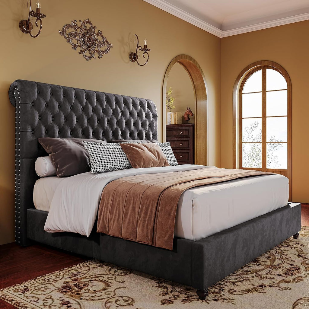 PaPaJet Bed Frame Queen Size Upholstered Platform Bed with 53'' Tall Sleigh Headboard, Button Tufted, No Box Spring Needed, Easy Assembly, Dark Grey