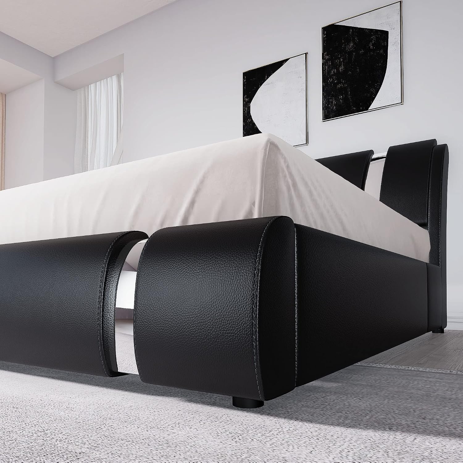Allewie King Size Bed Frame with Iron Piece Decor, Faux Leather Upholstered Platform Bed with Curved Adjustable Headboard, Wooden Slats Support, No Box Spring Needed, Modern Black