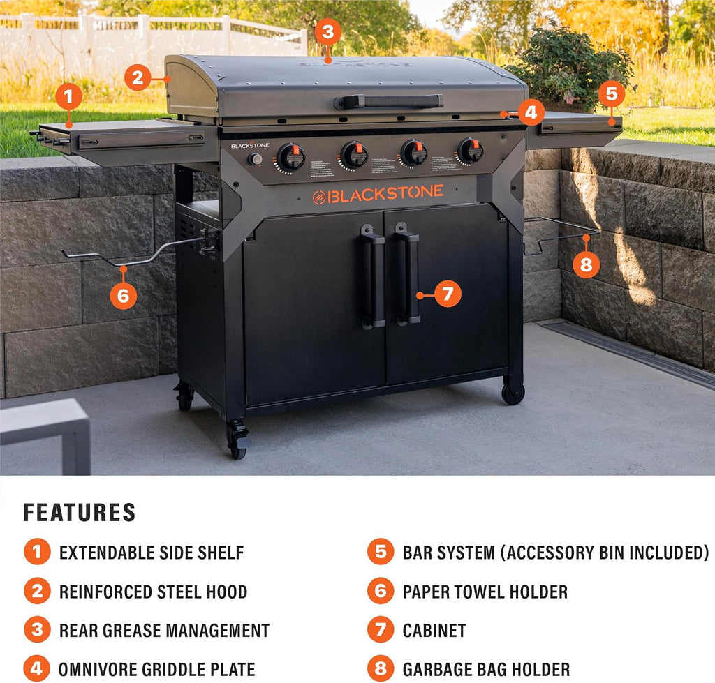 Blackstone 2309 Iron Forged 36' Omnivore Griddle with X-Braced Hood and Enclosed Cabinet, Powder Coated Steel, Black
