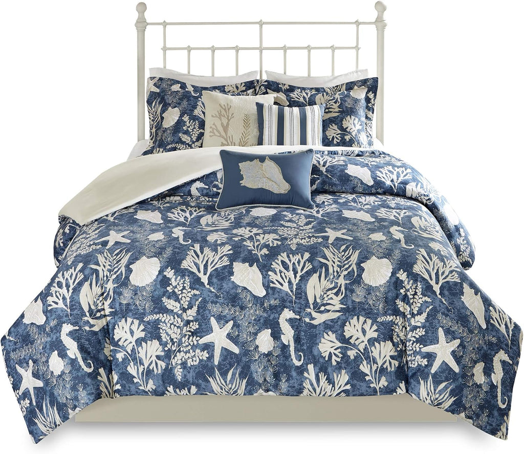 Madison Park 100% Cotton Comforter Set - Coastal Coral, Starfish Design All Season Down Alternative Cozy Bedding with Matching Shams, Decorative Pillow, Queen(90'x90'), Blue, Cape Cod Navy 7pcs