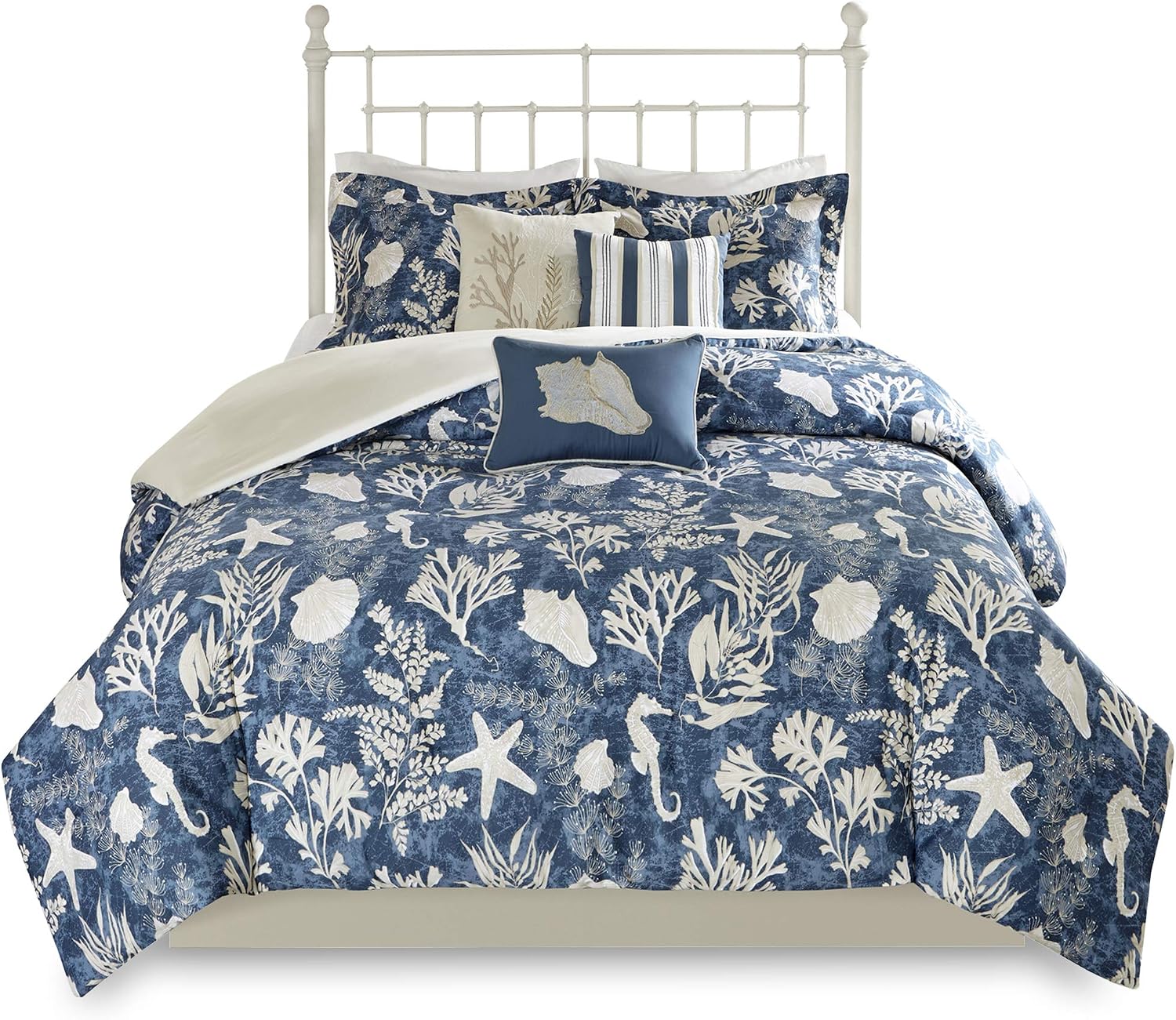 Madison Park 100% Cotton Comforter Set - Coastal Coral, Starfish Design All Season Down Alternative Cozy Bedding with Matching Shams, Decorative Pillow, Queen(90'x90'), Blue, Cape Cod Navy 7pcs