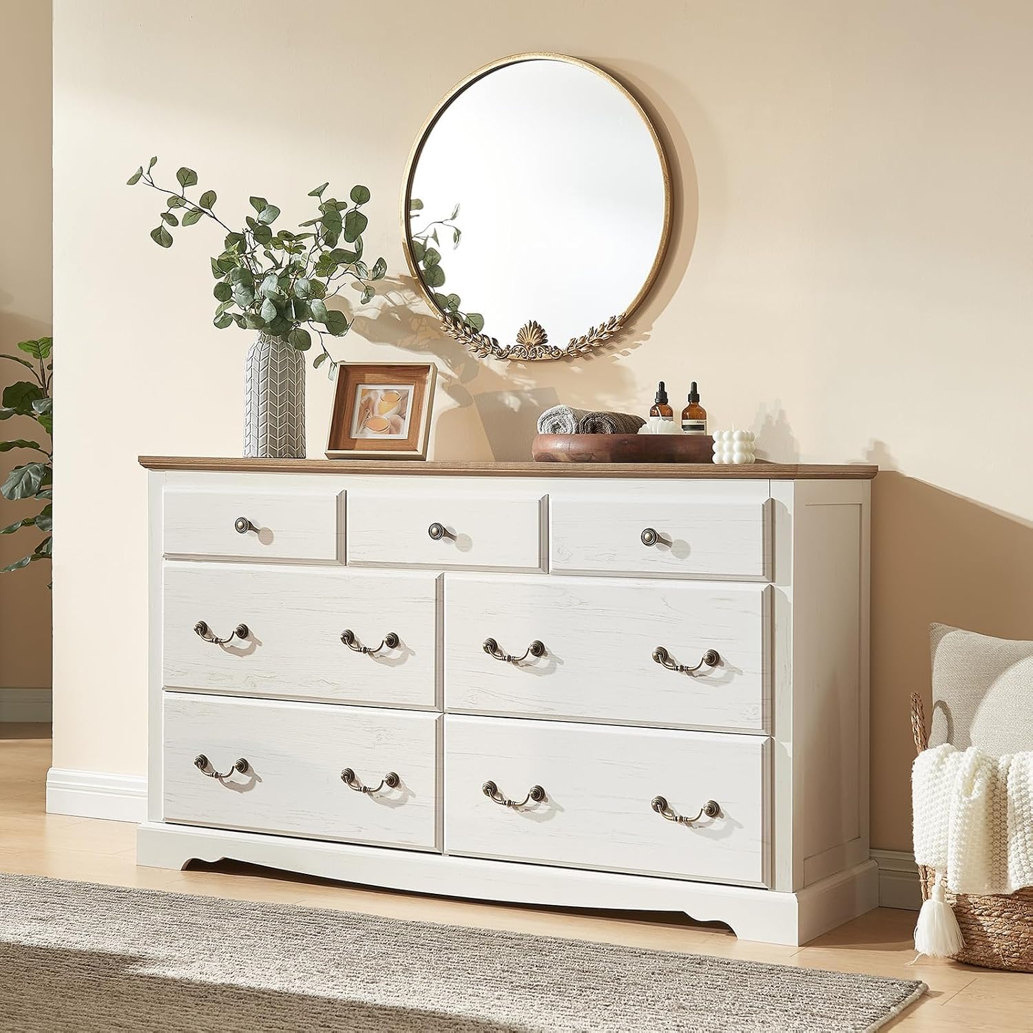 AMERLIFE Farmhouse 3 Pieces Bedroom Sets, Include 54' Wide 7 Drawers Dresser, Nightstand Set of 2 with Charging Station, Rustic Retro Bedroom Furniture Set, White