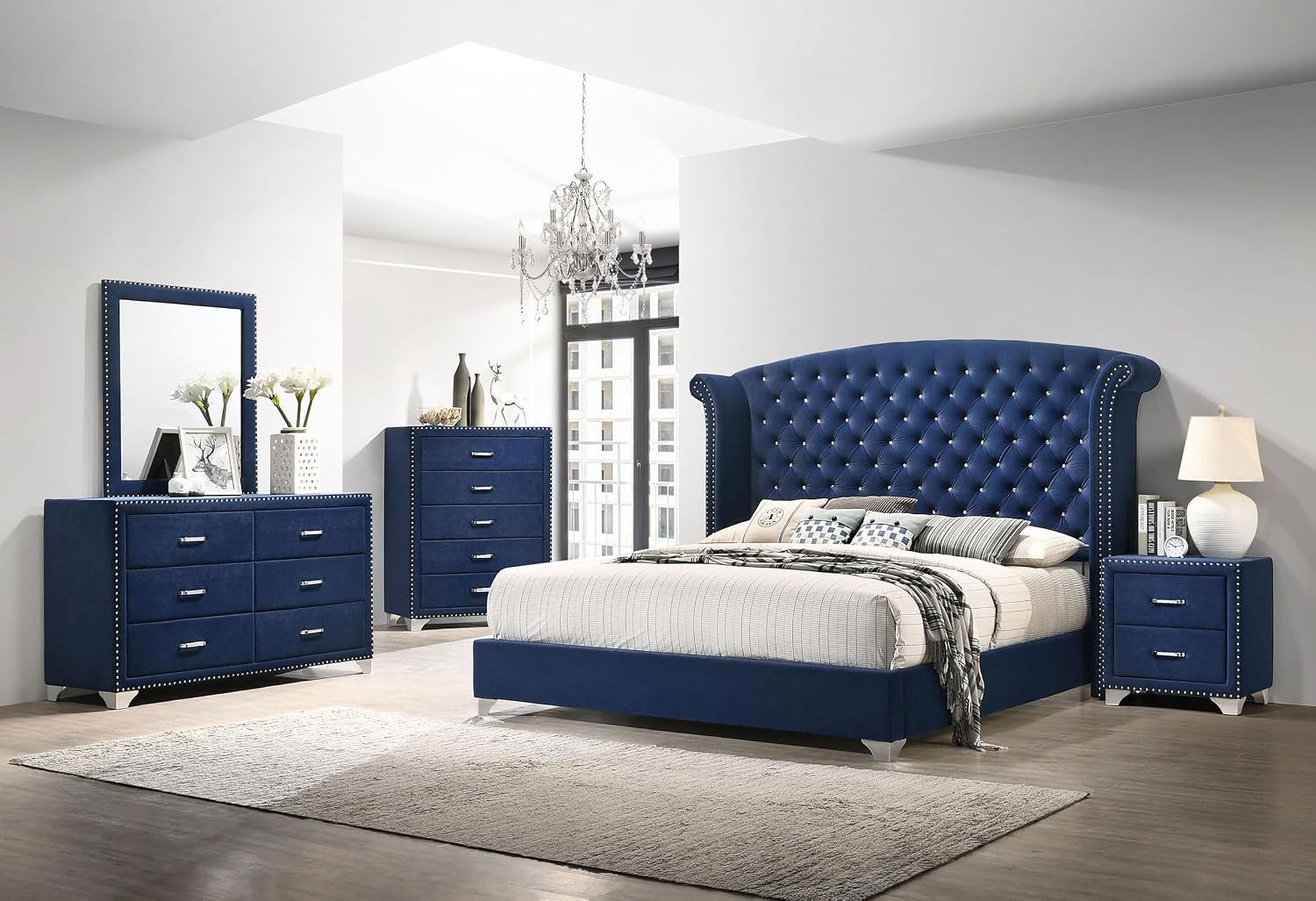 Coaster Home Furnishings Melody Modern Classic 5-Piece Bedroom Set Velvet Upholstered Queen Size Wingback Bed Frame 66-inch Headboard Pacific Blue 223371Q-S5