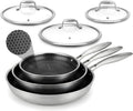 NutriChef 6-Piece Tri-Ply Stainless Steel Frying Pan Set – 8', 10', 12' Non-Stick Skillets with Lids, Induction Compatible, Oven Safe, Scratch-Resistant, Dishwasher Safe