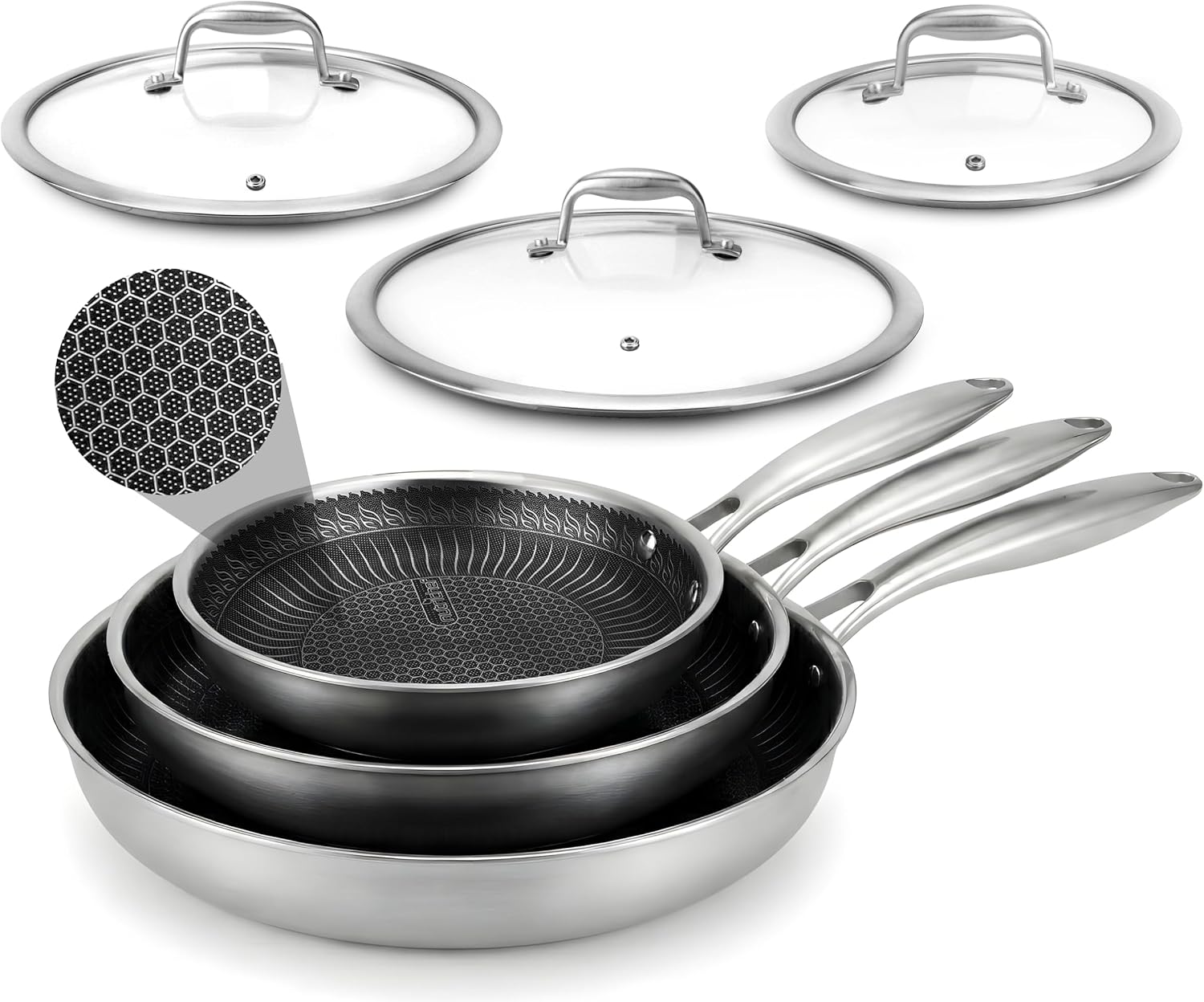 NutriChef 6-Piece Tri-Ply Stainless Steel Frying Pan Set – 8', 10', 12' Non-Stick Skillets with Lids, Induction Compatible, Oven Safe, Scratch-Resistant, Dishwasher Safe