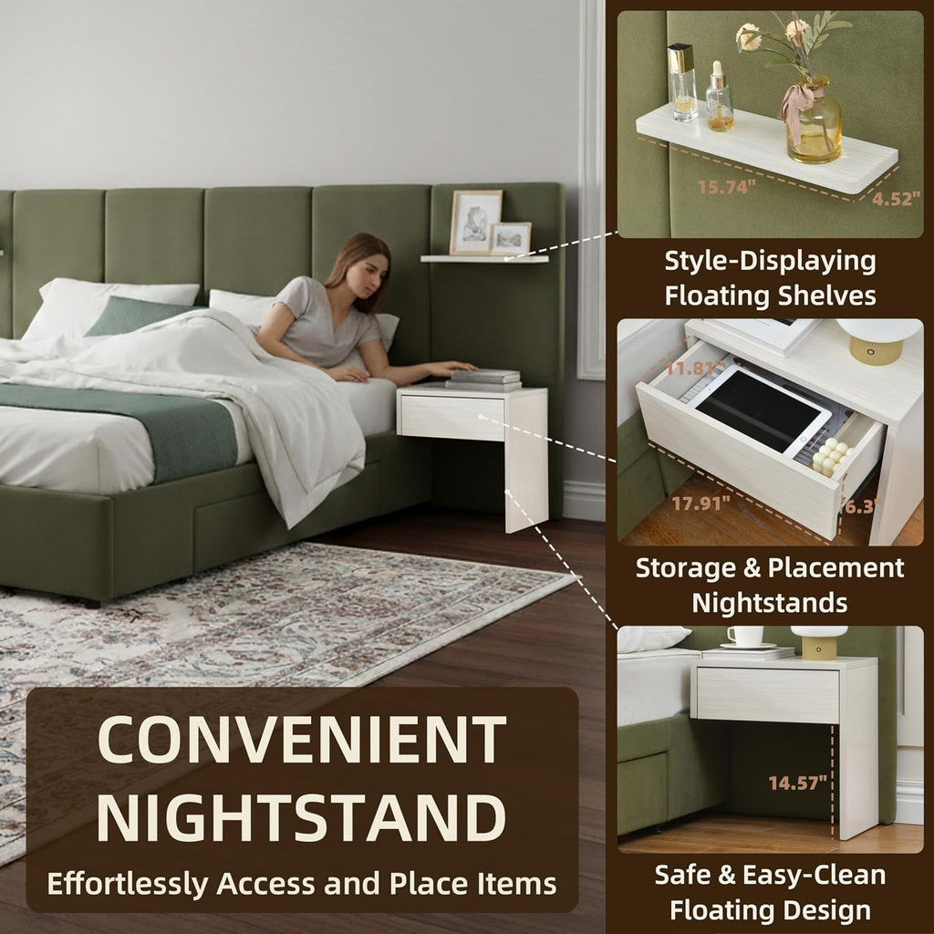 King Bed Frame with Storage & Built-in Nightstands, Velvet Upholstered Platform Bed Frame with Drawers & 2 Floating Storage Shelves, Noise-Free, No Box Spring Needed, Easy Assembly, Green