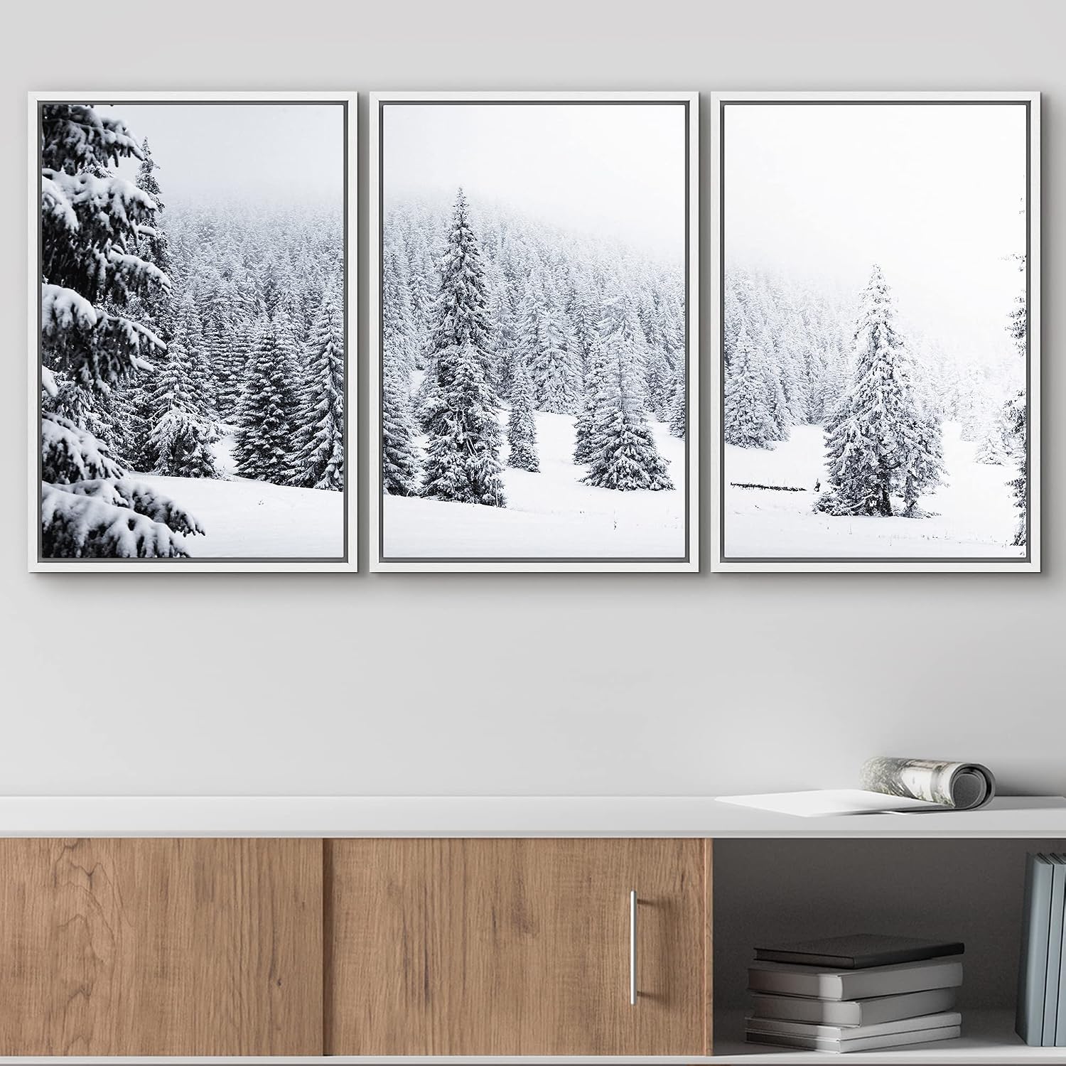 wall26 Framed Canvas Print Wall Art Set Duotone Winter Snow Forest Trees Nature Wilderness Photography Realism Rustic Landscape Colorful Cool for Living Room, Bedroom, Office - 24'x36'x3 White