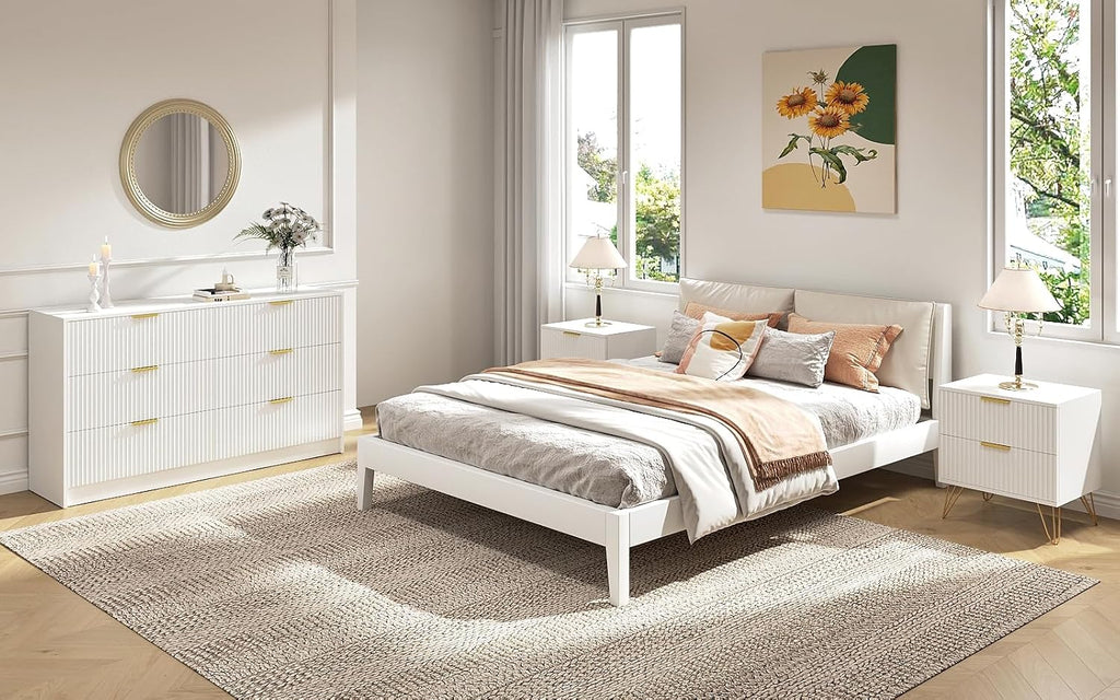 Dresser and Nightstand Sets, 6 Drawer Dresser Set for Bedroom 3 Piece, 55' Wide Wooden Fluted White Dressers W/Metal Handle & Night Stand Set of 2, Modern Bedroom Furniture Sets, White