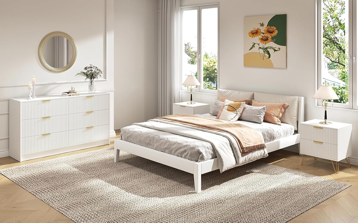 Dresser and Nightstand Sets, 6 Drawer Dresser Set for Bedroom 3 Piece, 55' Wide Wooden Fluted White Dressers W/Metal Handle & Night Stand Set of 2, Modern Bedroom Furniture Sets, White