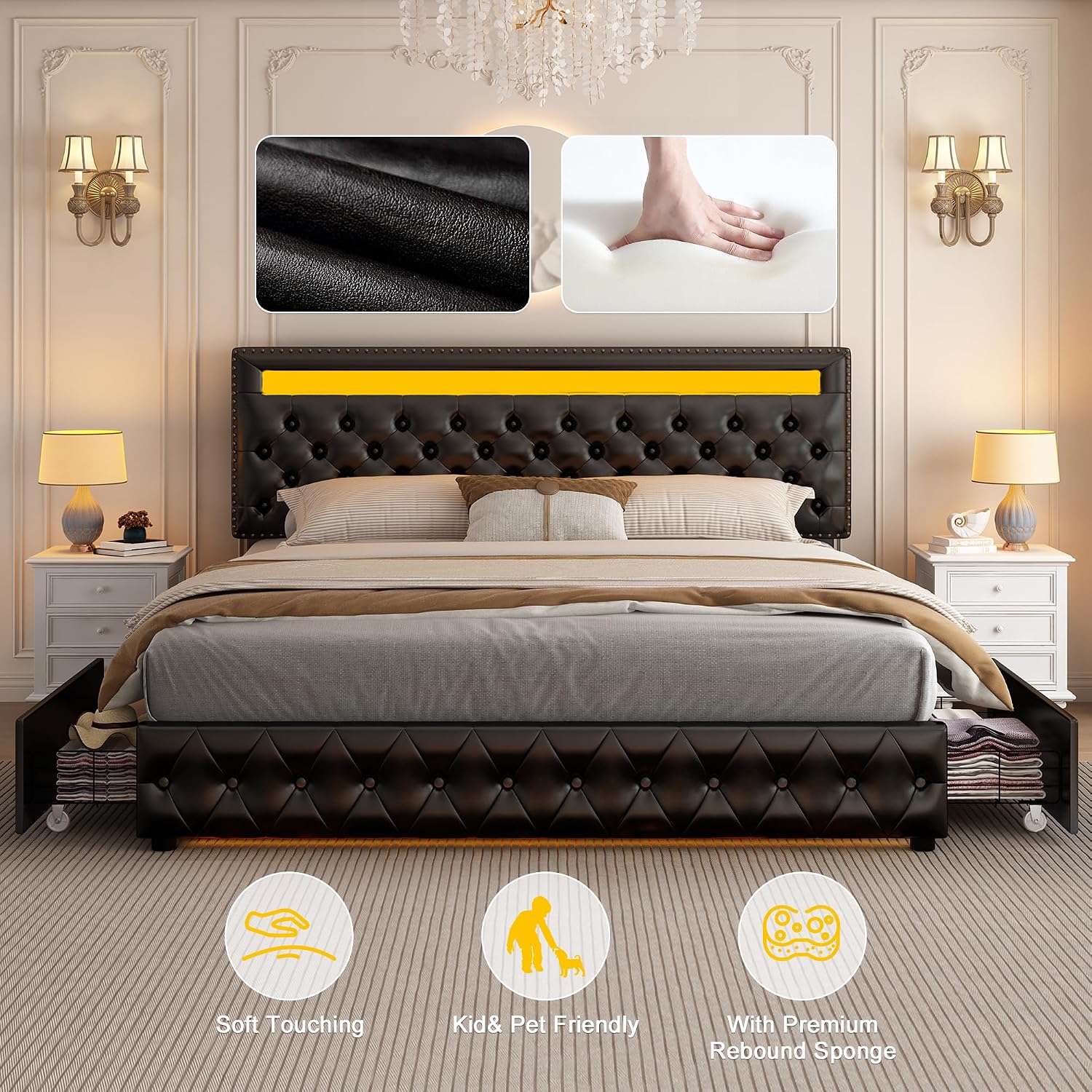 GEGOFORU King Led Bed Frame with 4 Storage Drawers, with Smart Control RGBW LED Lights Headboard Footboard, Control DIY Color, Box Spring Optional, PU Black