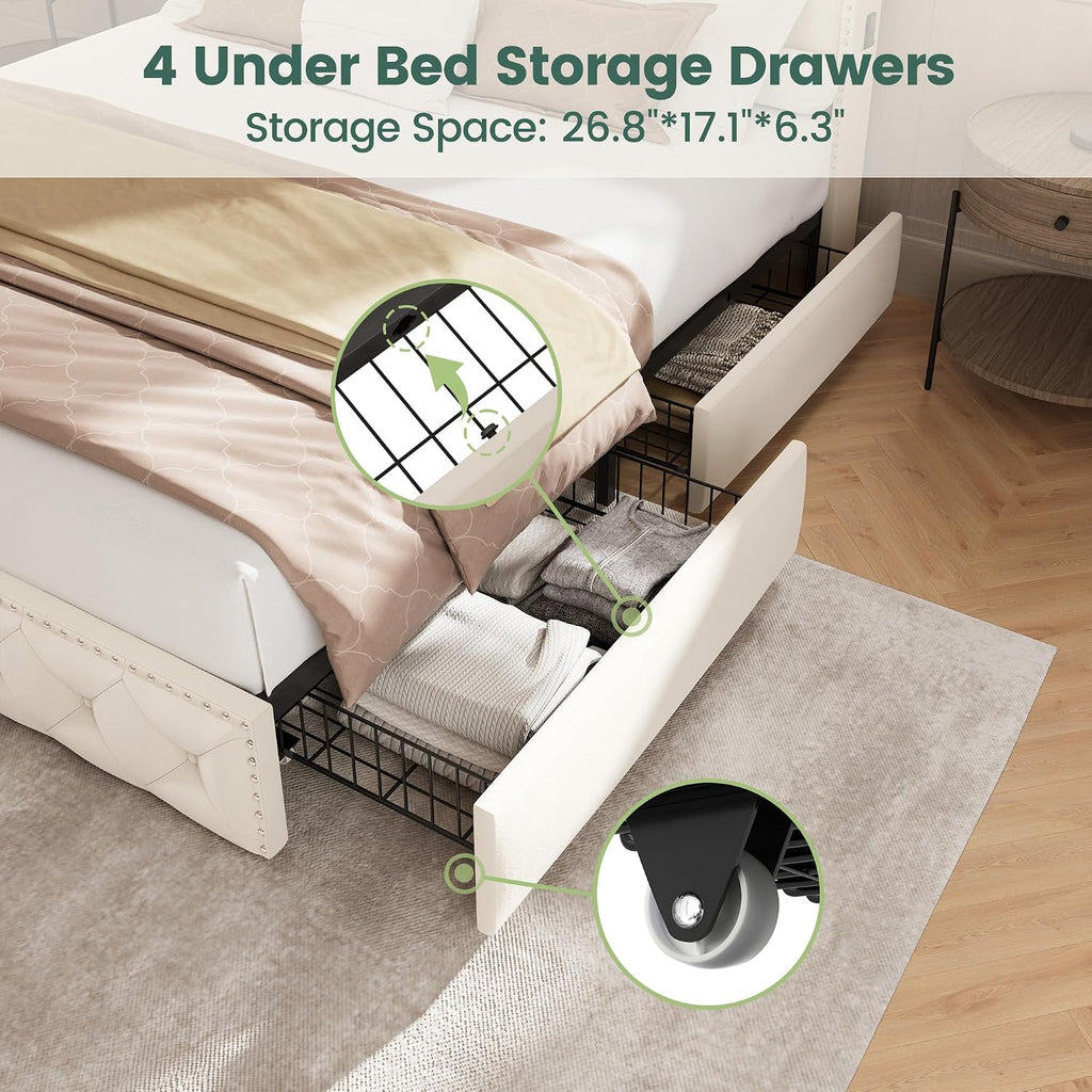 LARMACE Bed Frame King Size Platform Upholstered Bed Frame with 4 Storage Drawers Modern Velvet Tufed with Headboard USB Charging Station&Led Lights,No Box Spring Needed, Easy Assembly, Beige