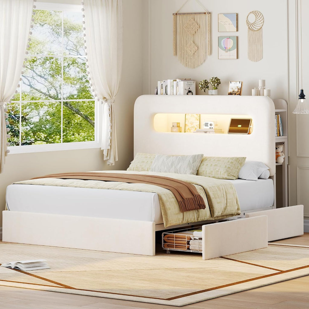 HOSTACK Full LED Bed Frame with Storage Headboard and Charging Station, Kids Bed Frame with 2 Drawers and USB Ports, Velvet Upholstered Platform Bed Frame with Bookcase, No Box Spring Needed, Cream