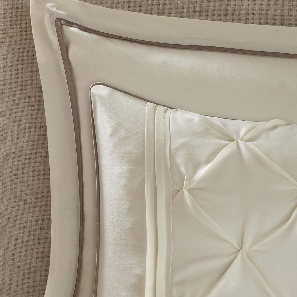 Madison Park Essentials Room in a Bag Faux Silk Comforter Set - Luxe Diamond Tufting All Season Bedding, Matching Curtains, Decorative Pillows, Ivory Queen(90'x90') 24 Piece