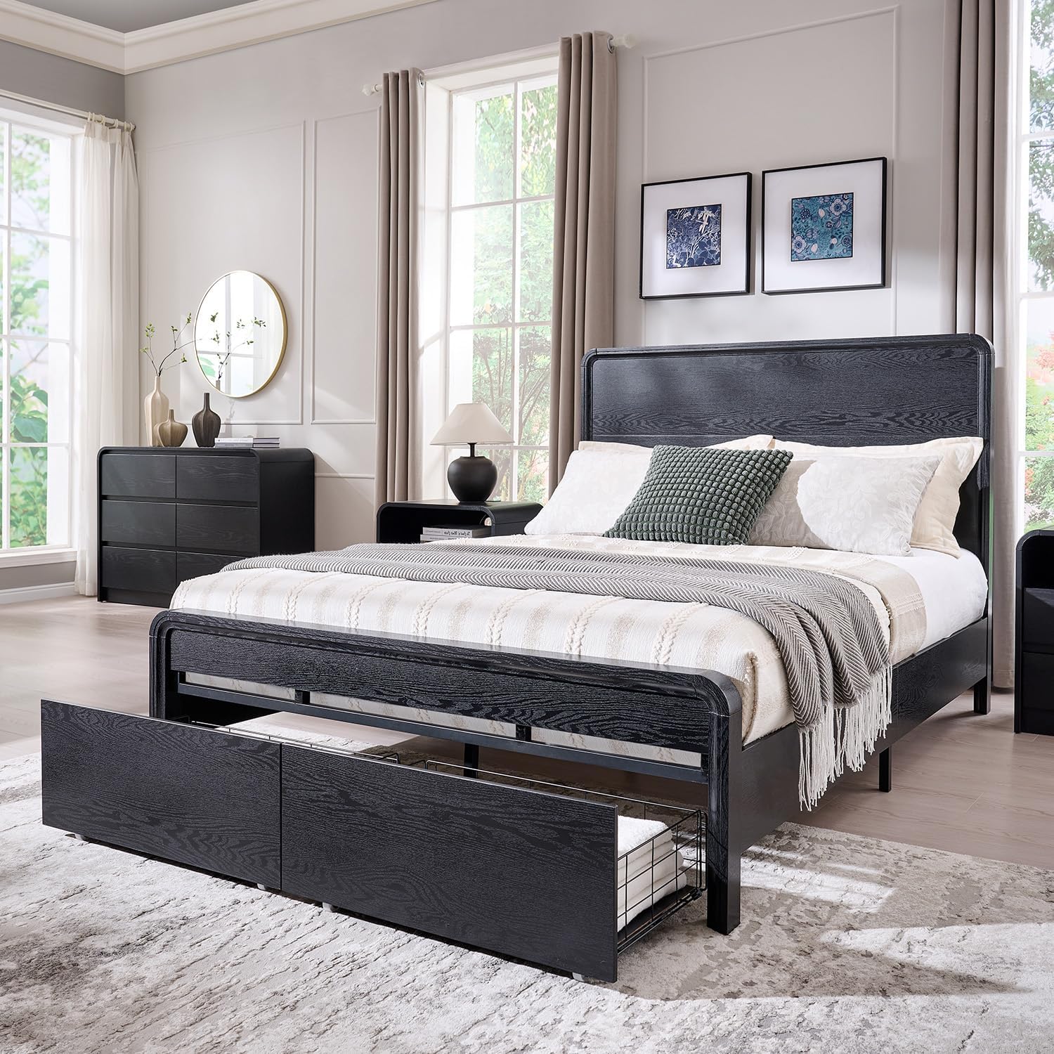 Aitjunz Modern Queen Size Bed Frame with 50' Tall Headboard, Wood Queen Size Platform Bed Frame w/3 Storage Drawers, Curved Profile Design, Wood & Steel Platform Bed, No Box Spring Needed, Black