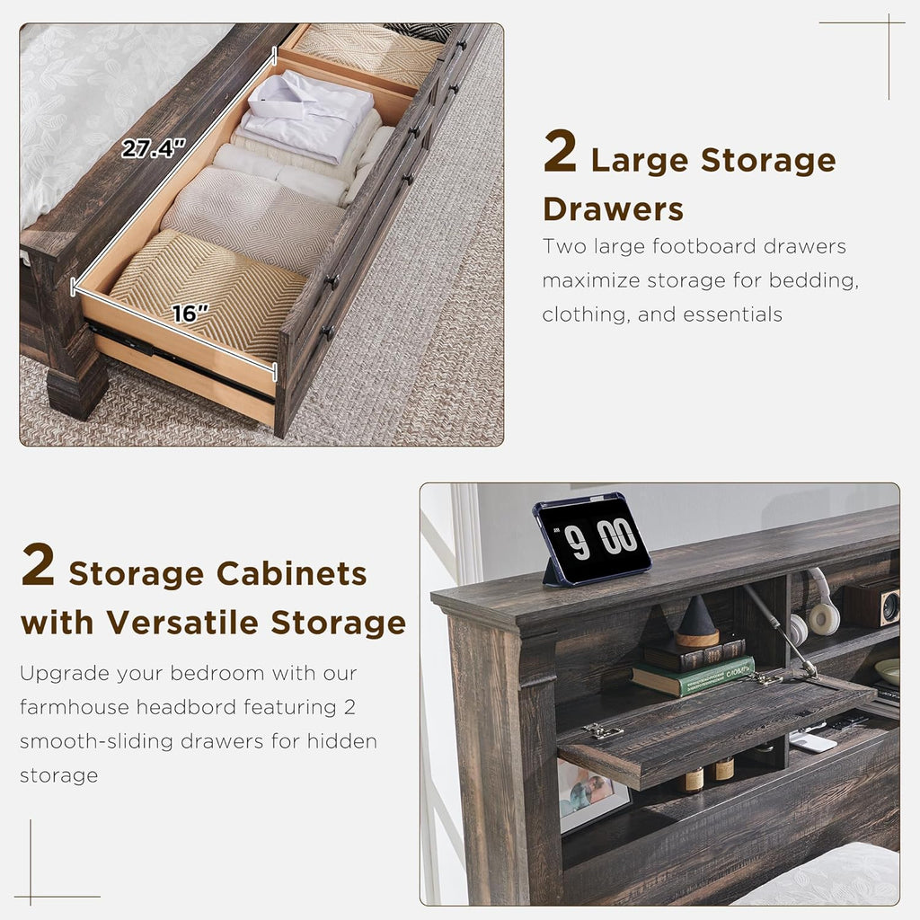 Farmhouse Queen Size Bed Frame with 54' Tall Headboard, Headboard with 4 Storage Rack, 2 Drawers, 18' Roman Column Decoration Footboard, Wood Platform Bed Frame, No Box Spring Needed(Dark Rustic Oak)