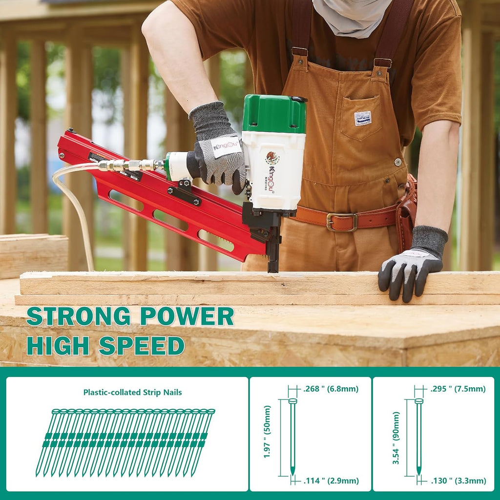 KingOu Mexican Style NR2190 21 Degree Plastic Strip Framing Nailer Aluminum Magazine Framing Nail Gun Covers NR83A2 Pistola De Framing All Function