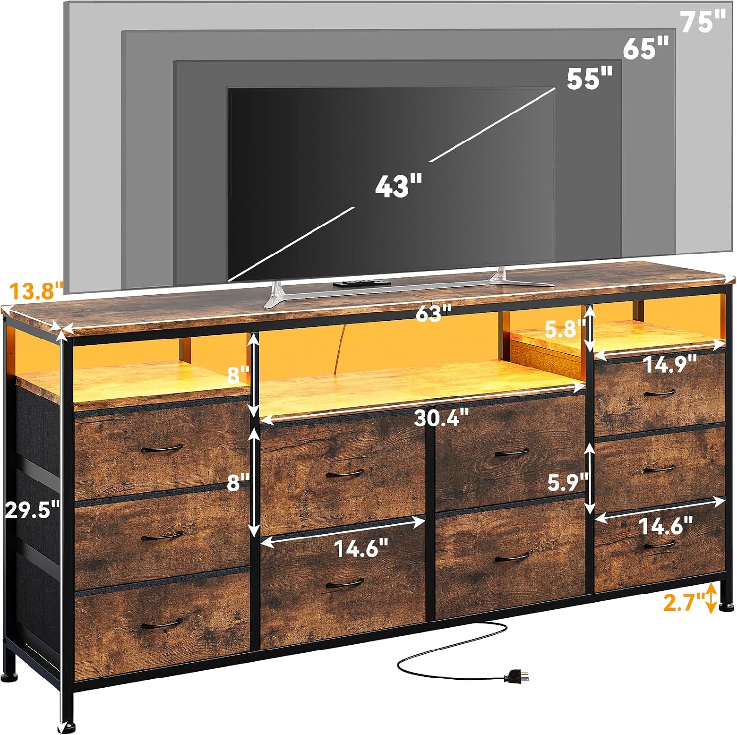 63.3 in Dresser for Bedroom, 10 Drawer Dresser TV Stand for 65 70 75 in TV, Fabric Chest of Drawers with LED Lights & Power Outlets, Long Entertainment Center for Closet, Living Room, Entryway