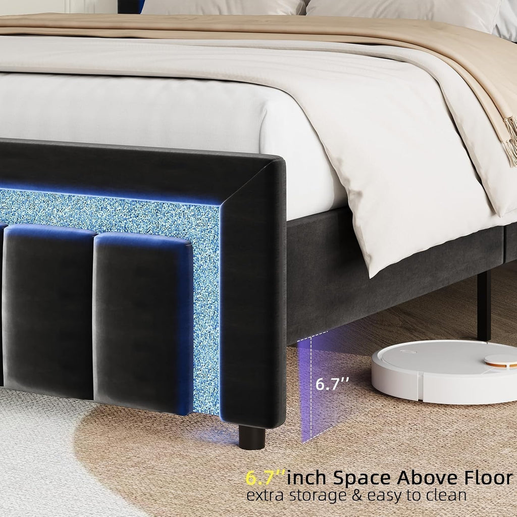 HOMBCK Twin Bed Frame with LED Lights and Velvet Upholstered Adjustable Headboard, Twin Size Bed Frames with Diamond Headboard & Footboard, Wood Slats Support, Noise Free, No Box Spring Needed, Black