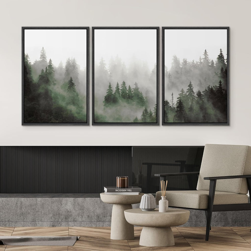 SIGNWIN Framed Canvas Print Wall Art Woodland Nursery Decor Set Fog & Mist Over Green Pine Tree Forest Nature Wilderness Modern Art Chic Landscape for Living Room, Bedroom, Office - 16'x24'x3 Black