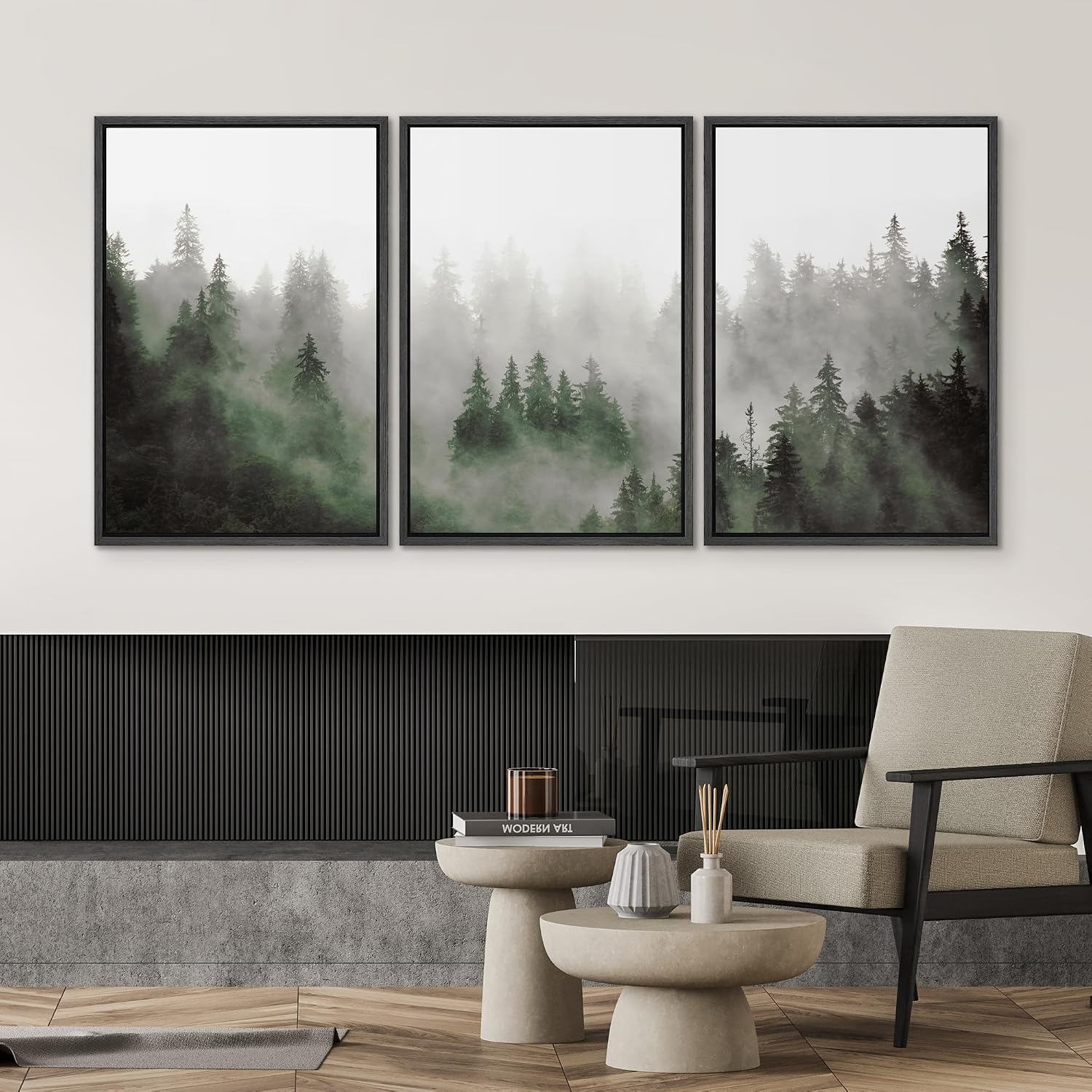 SIGNWIN Framed Canvas Print Wall Art Woodland Nursery Decor Set Fog & Mist Over Green Pine Tree Forest Nature Wilderness Modern Art Chic Landscape for Living Room, Bedroom, Office - 16'x24'x3 Black