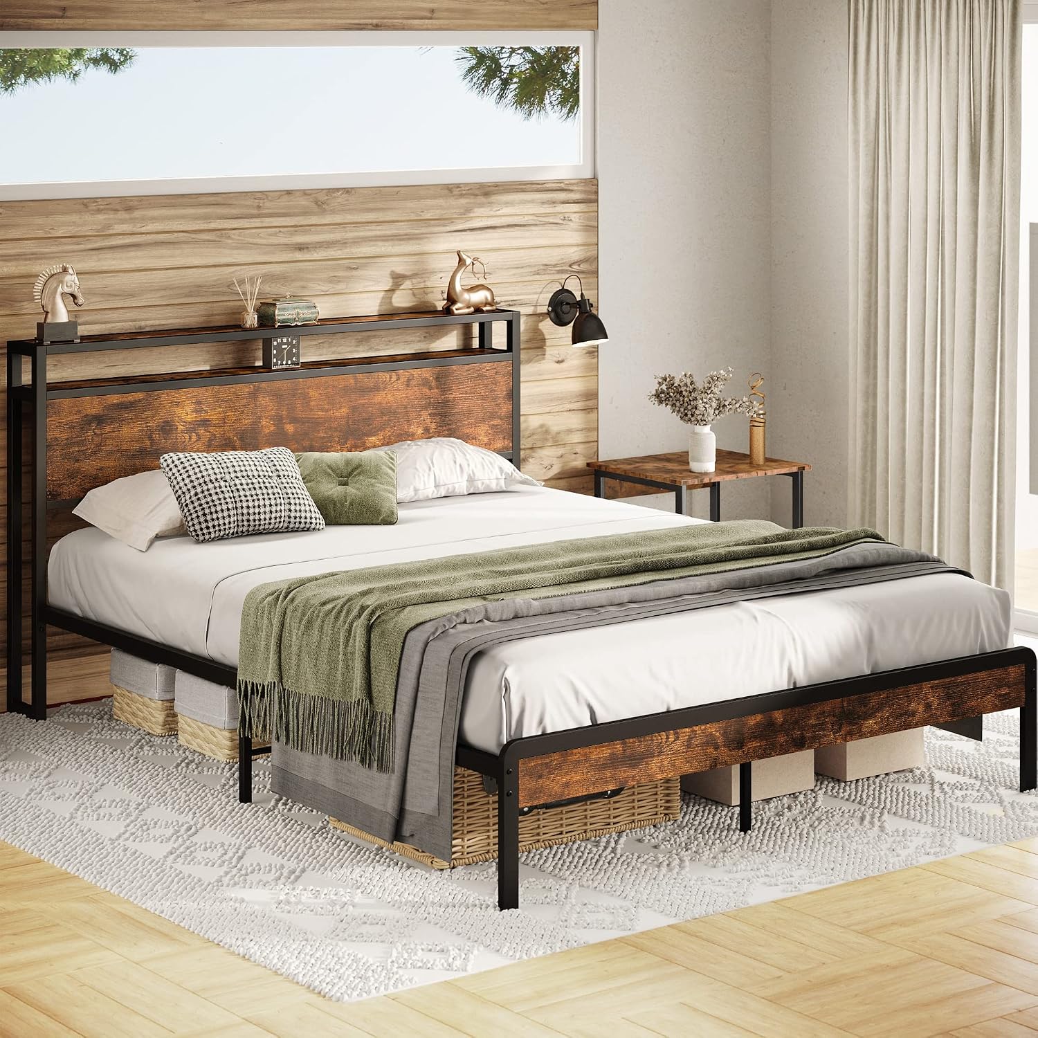LIKIMIO Full Size Bed Frame, Platform Bed with 2-Tier Storage Headboard, Solid and Stable, Noise Free, No Box Spring Needed, Easy Assembly, Vintage Brown