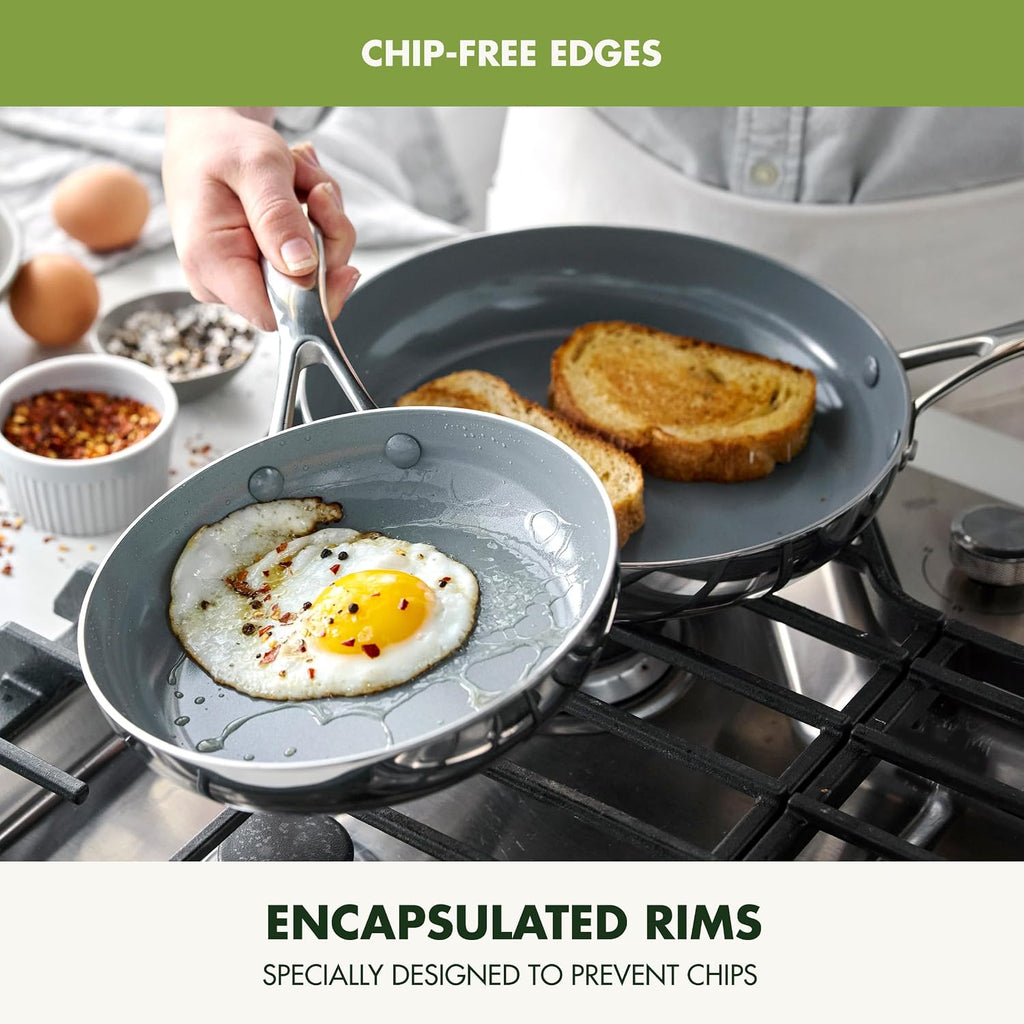 GreenPan Valencia Pro Tri-Ply Stainless Steel 8' & 10' Frying Pan Skillet Set, PFAS-Free Ceramic Nonstick Coating, Induction Ready Cookware, All Cooktops, Eggs & Omelets, Dishwasher & Oven Safe 600F