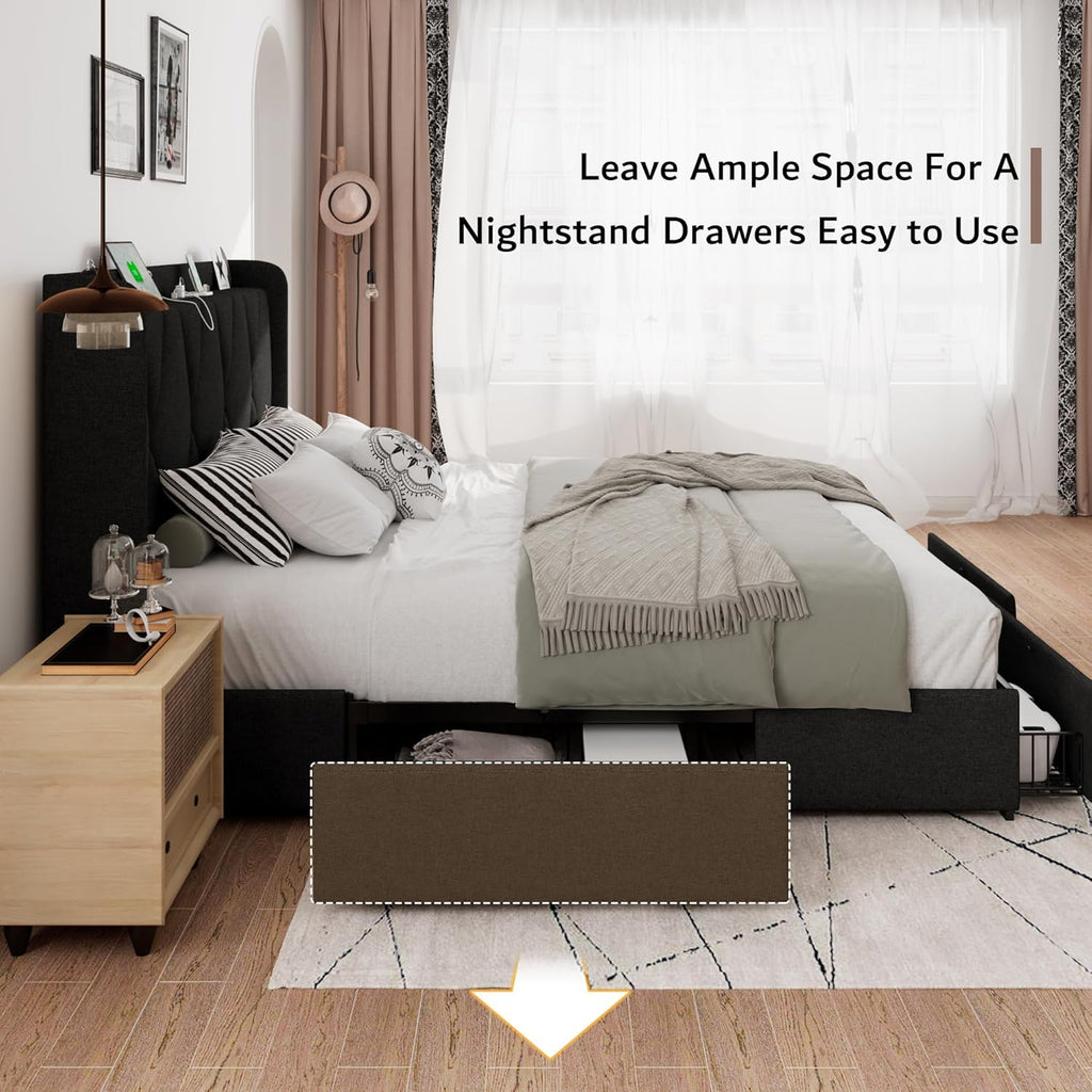 iPormis Full Size Bed Frame with 4 Storage Drawers, Upholstered Platform Bed Frame with Charging Station, Modern Wingback Storage Headboard, Easy Assembly, Black