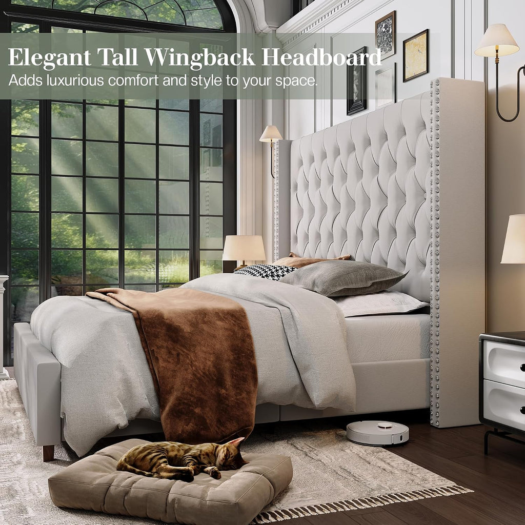 Jocisland King Size Bed Frame 61.4' Extra Tall Wingback Headboard Velvet Upholstered Deep Button Tufted Platform Bed with Solid Wood Legs & Wood Slats, No Box Spring Needed, Cream