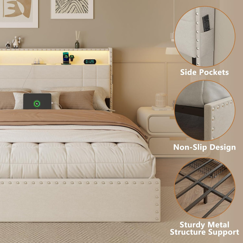Forestell Full Size Bed Frame with 4 Drawers and Storage Headboard, Upholstered Platform Bed Frame Full Size with LED Lights and Charging Station, Metal Slats Support, No Box Spring Needed, Beige