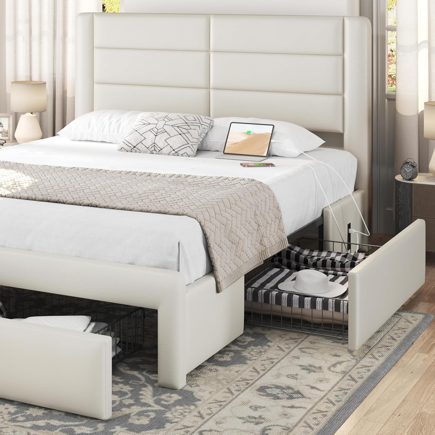 Yaheetech Queen Size Bed Frame with 2 USB Charging Station/Port for Type A&Type C/3 Storage Drawers, Leather Upholstered Platform Bed with Headboard/Solid Wood Slat Support/No Box Spring Needed/Beige