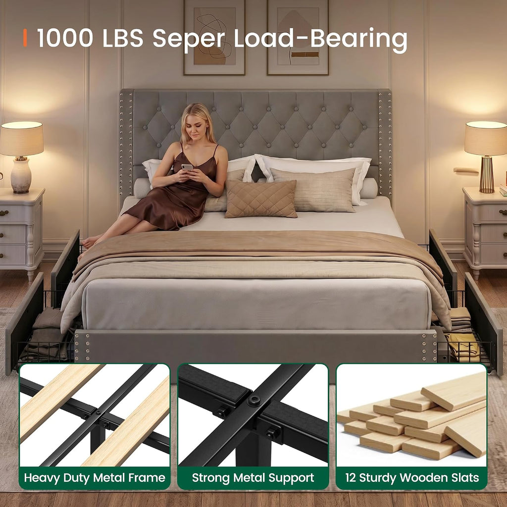 LARMACE King Size Bed Frame with 4 Storage Drawers and Tufted Headboard Velvet Upholstered Platform Bed Frame with Heavy Duty Wood Slats,No Box Spring Needed,Easy Assembly,Bluish Grey
