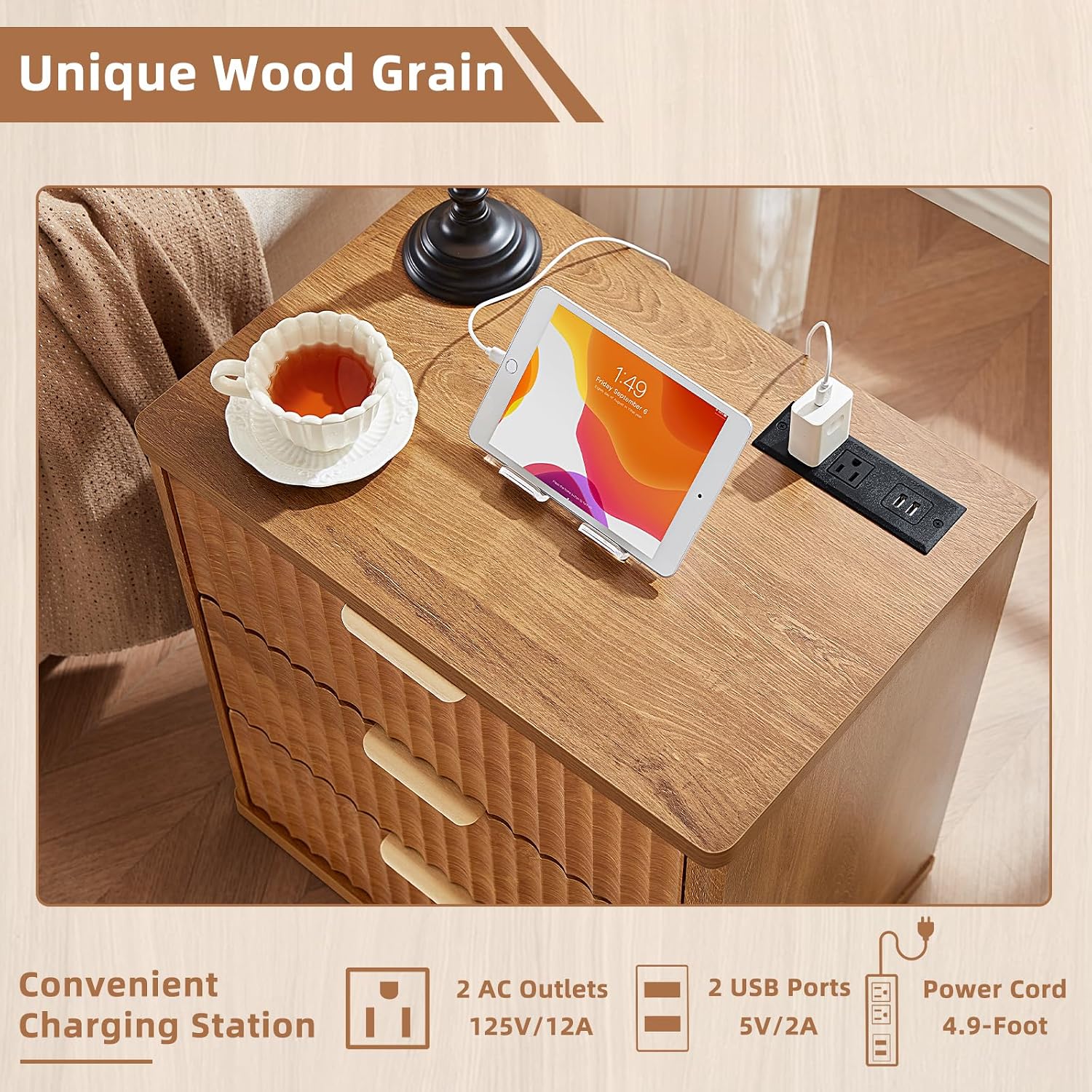 LEYAOYAO Fluted Dressers & Nightstand Set of 3, Wood 48' Wide Dresser & 42' Tall Chest of Drawers,Modern Bedroom Furniture Sets, Brown Wooden Nightstand with 3 Drawers & Charging Station
