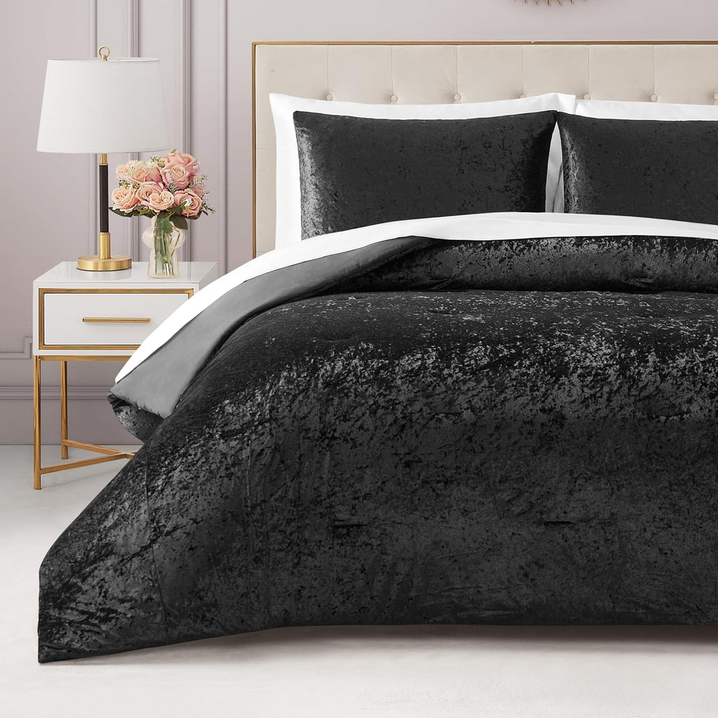 Juicy Couture Crushed Velvet King Comforter and Sham Set, 3-Piece King Bedding Set - (1) 102'x90' Comforter and (2) 20'x36' Sham - Black