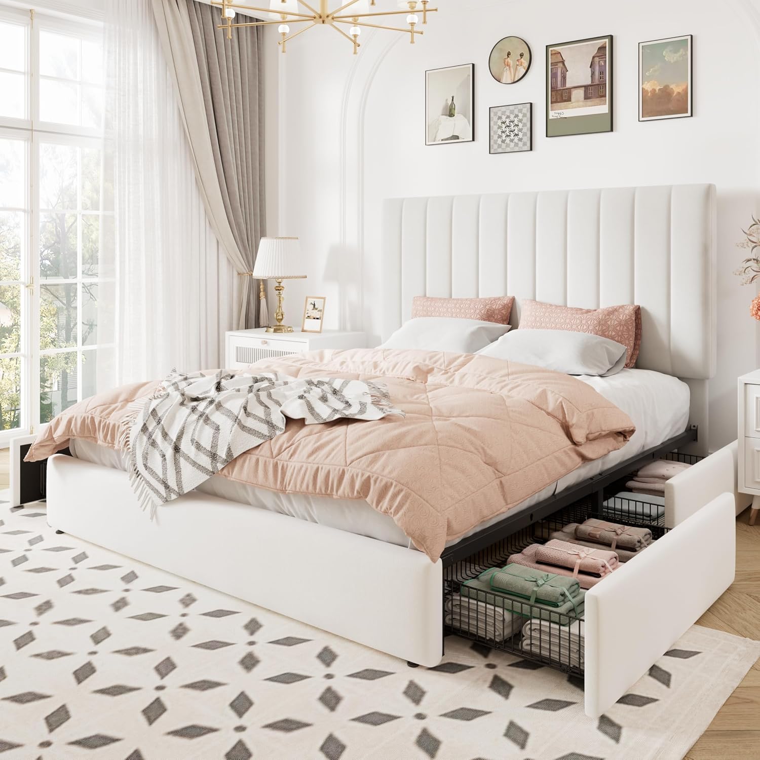 Allewie Full Size Storage Bed Frame, Vertical Channel Tufted Adjustable Headboard, Velvet Upholstered Platform Bed with 4 Oversized Underbed Drawers, Wooden Slats Support, No Box Spring Needed, White